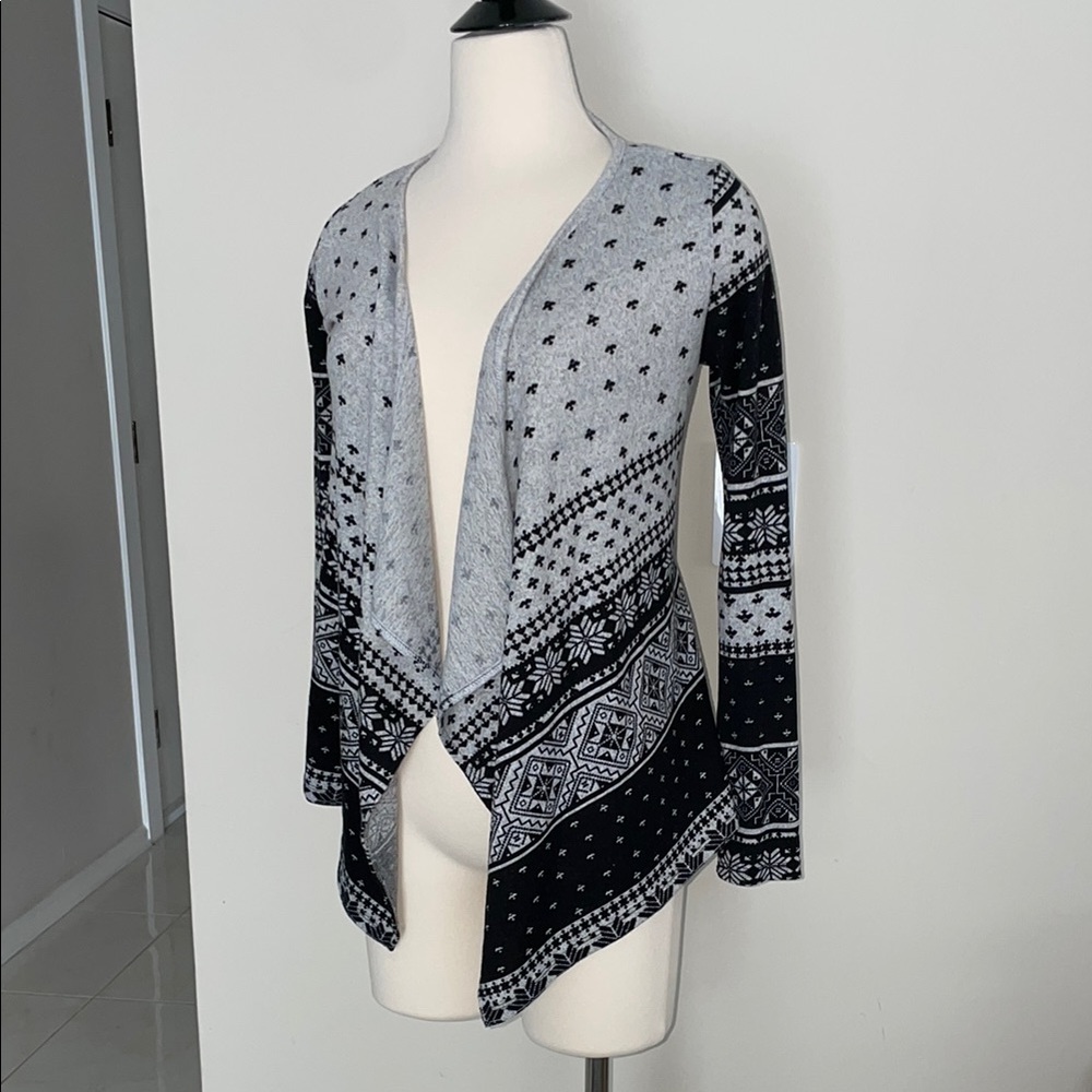 Black and Gray Cardigan Sweater with Intricate Pattern